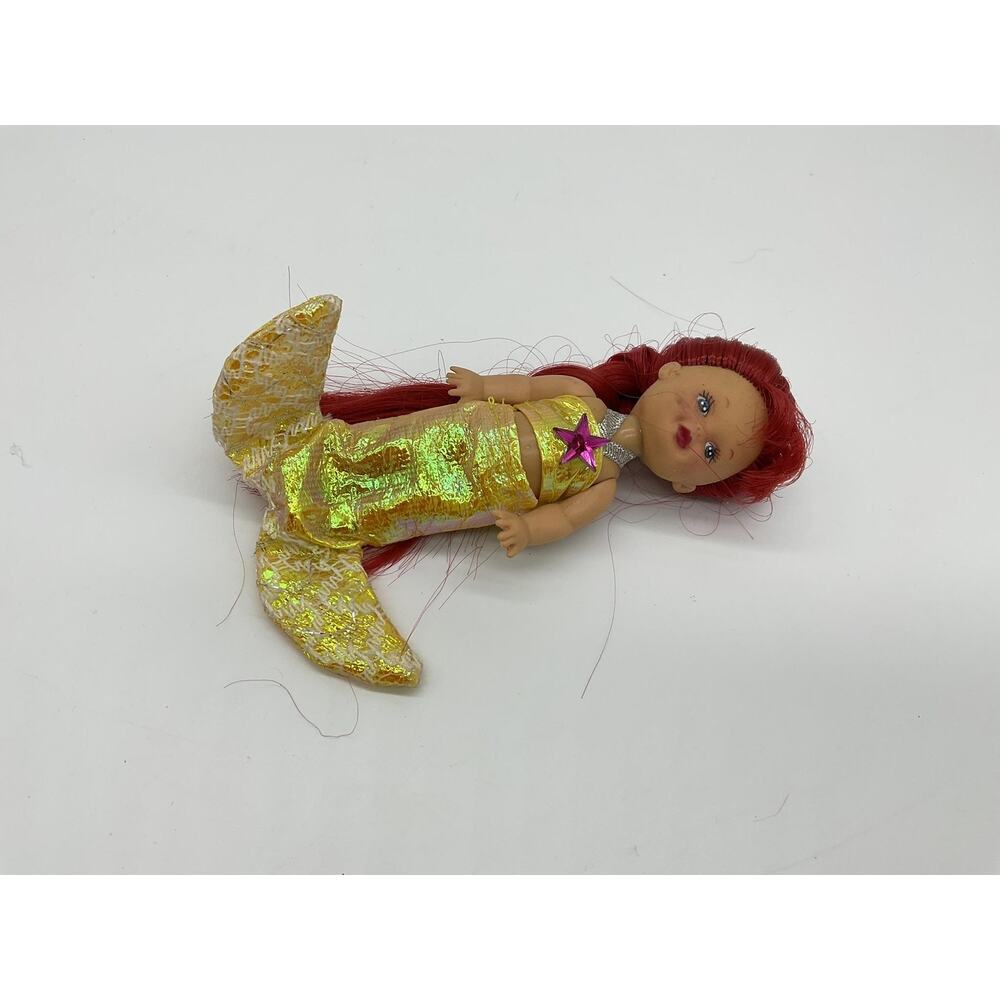 Mini Mermaid Girl Doll Red Hair Gold Tail Fantasy Toy 4 Inch Iridescent Outfit